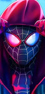 Vibrant Spider-Man inspired hero in a red hood on a mobile wallpaper.