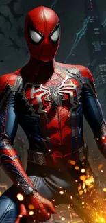 Dynamic Spider-Hero in cityscape wallpaper, full of vibrant colors.