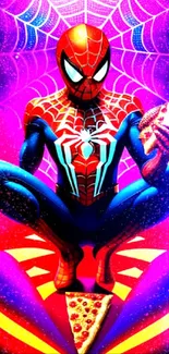 Spider hero in vibrant neon colors with web background.