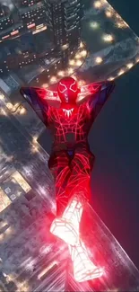 Superhero in red over a vibrant cityscape at night.