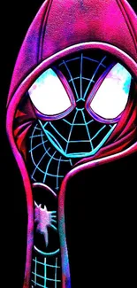 Neon art of hooded spider superhero on black background.