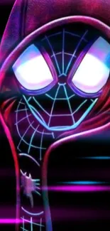 Hooded spider figure with glowing eyes and vibrant neon background.