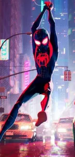 Spider-Man swinging through bright, neon cityscape at night.