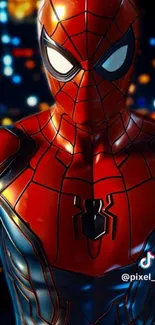 Spider-Man in vibrant suit with colorful lights