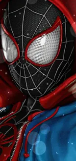 Spider-Man in black suit with vibrant red hood design.