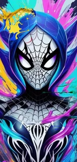 Vibrant abstract Spider character wallpaper with colorful splashes.