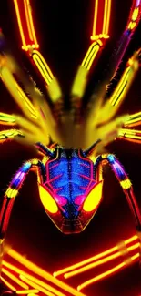 Vibrant neon spider with bright colors on dark background.