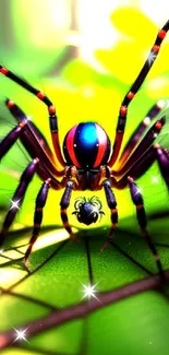 Realistic 3D spider on green leaf wallpaper.