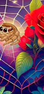 Spider on web with vibrant red rose background.