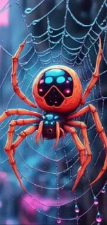 Vibrant spider on colorful web with cityscape backdrop