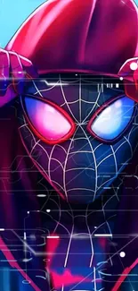 Dynamic spider-style character in a hoodie with vibrant red and blue hues.