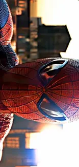 Close-up of Spider superhero with city backdrop and sunlight.