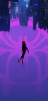 Silhouette with spider symbol on pink urban wallpaper.