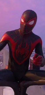 Spider-themed superhero sits on rooftop with purple cityscape backdrop.