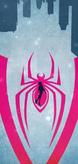 Bold spider design mobile wallpaper with city skyline.