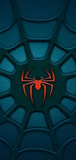 Spider emblem on teal web-patterned background for mobile wallpaper.