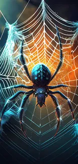 Detailed spider on a vibrant blue web with glowing accents mobile wallpaper.