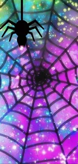 Colorful spider web with vibrant colors and sparkles.