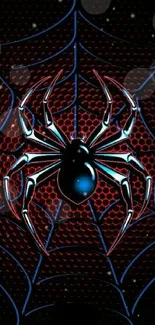 Dynamic red and blue spider web design on a mobile wallpaper.