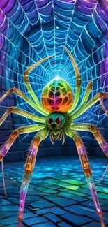 Colorful spider on vibrant web backdrop, fantasy design.