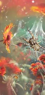 Spider on web amidst vibrant orange flowers in a digital fantasy art wallpaper.