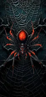 Vibrant spider on dark intricate web wallpaper.