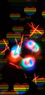 Neon spinner with striped hearts on dark background wallpaper.