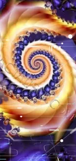 Vibrant abstract spiral wallpaper with purple and yellow hues.