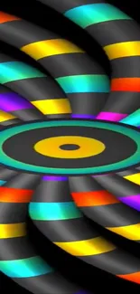 Vibrant spiral abstract with colorful stripes on black background.