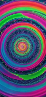 Psychedelic neon spiral mobile wallpaper with vibrant colors.