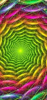 Vibrant spiral art wallpaper with green center and colorful design.