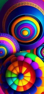 Vibrant and colorful spiral art design wallpaper with geometric patterns.