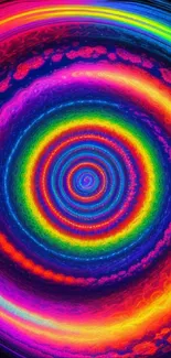 Vibrant rainbow spiral pattern on a colorful abstract wallpaper.