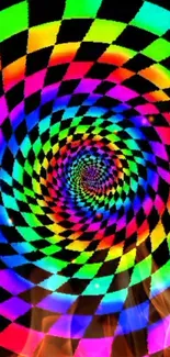 Vibrant spiral checkered pattern with rainbow colors.