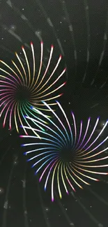 Rainbow spirals on black background mobile wallpaper.