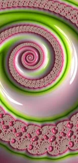 Intricate spiral fractal art wallpaper in vibrant pink and green colors.