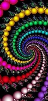 Vibrant spiral fractal art with colorful spheres on black background.