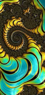 Vibrant spiral fractal art in turquoise and gold hues.