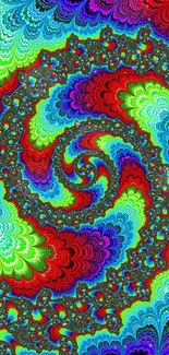 Colorful spiral fractal wallpaper with vibrant red and green pattern.