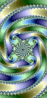 Vibrant green and blue spiral fractal design wallpaper.