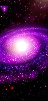 Purple spiral galaxy with bright center and glowing stars in deep space scene.