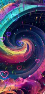 Colorful spiral wallpaper with hearts and vibrant colors.