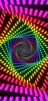 Vibrant spiral illusion with colorful geometric patterns.