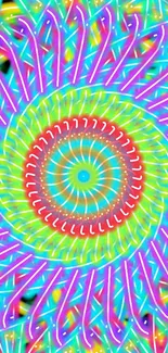 Vibrant spiral kaleidoscope wallpaper in neon colors.