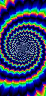 Vibrant blue spiral optical illusion with rainbow hues.