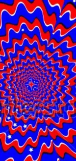 Red and blue spiral optical illusion with star patterns.