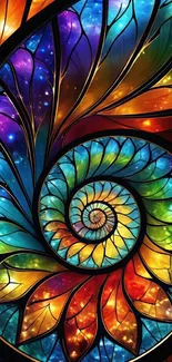 Vibrant spiral stained glass wallpaper with rainbow colors.