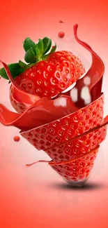 Artistic sliced strawberry on red background with green leaves.