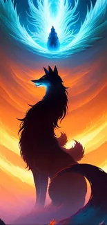 Vibrant wolf silhouette with fiery and blue background on mobile wallpaper.