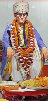 Spiritual altar with colorful garlands and offerings on a vibrant phone wallpaper.